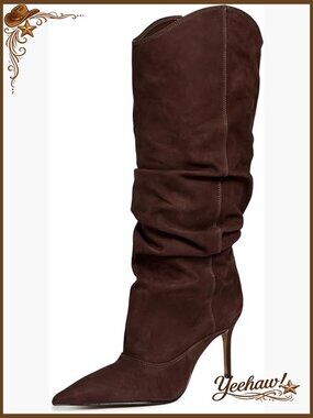 Suede Slouch Boots with Stiletto Heel Pointed Toe Pull-On